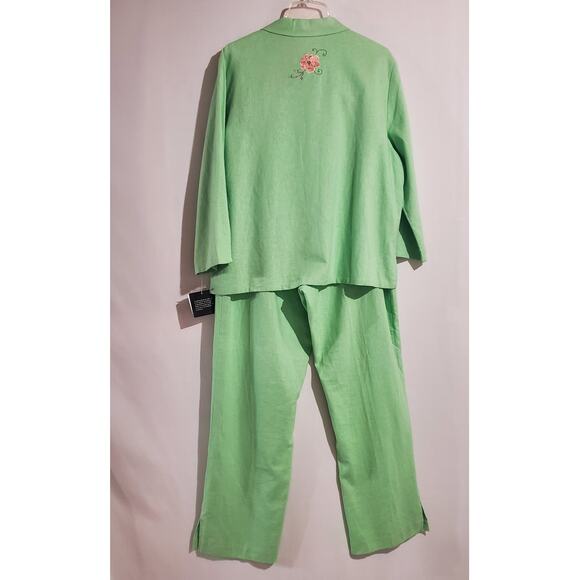 Vtg Sag Harbor Embroidered Flower Linen Blend Top Pant Set Plus Size 18 Green - Picture 2 of 13
